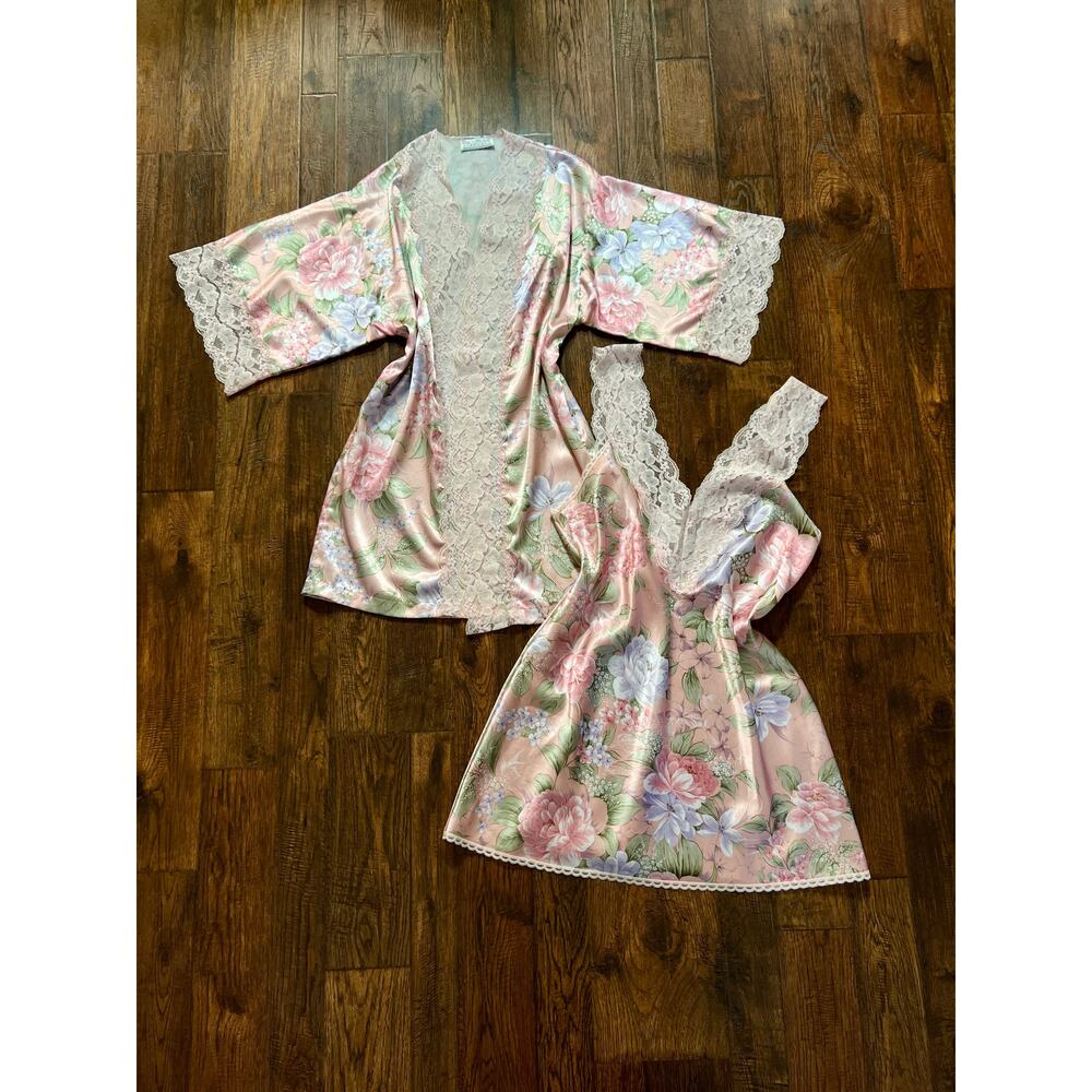 Vintage Nightgown Robe Lingerie Set Pink Floral Print Peignoir Ensemble Val Mode